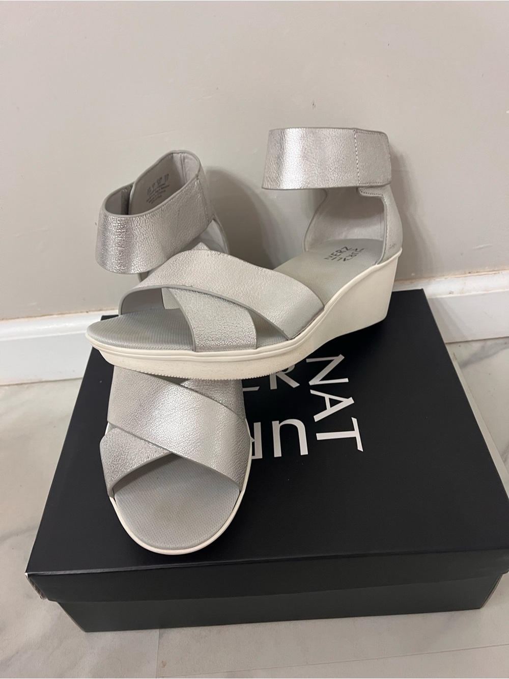 Riviera Silver Metallic Wedge Sandals with Ankle Strap - 10W